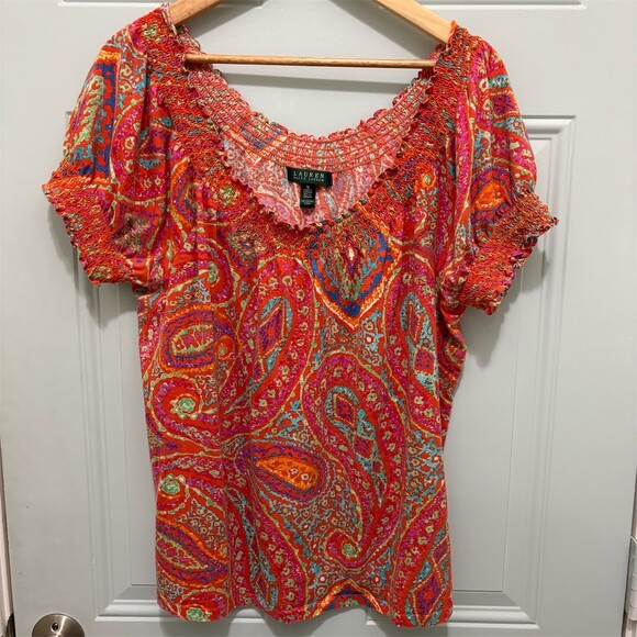 Lauren Ralph Lauren Tops - Lauren Ralph Lauren Blouse Womens 1X Orange Paisley Peasant Short Sleeve